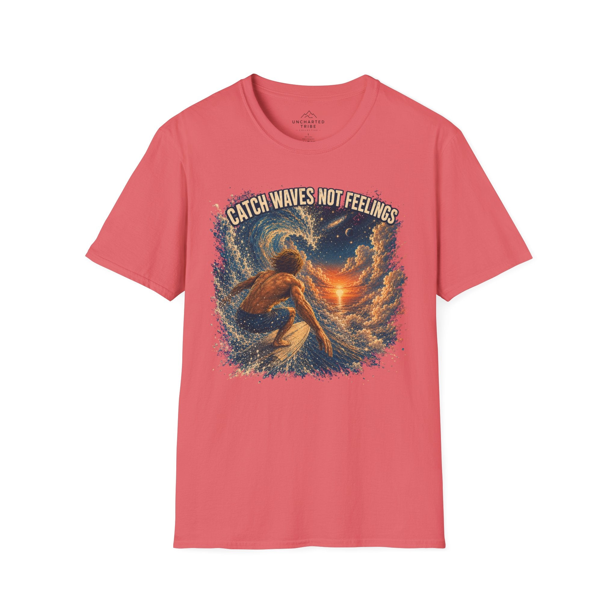 A coral pink short-sleeve crewneck t-shirt featuring a graphic print of a surfer riding a wave with the text 'CATCH WAVES NOT FEELINGS' arched above, displayed on a clean white background.